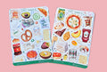 Two sticker sheets with food illustrations. Random food for a perfect girl dinner journal spread.