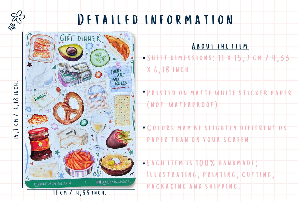 Sticker sheet with food illustrations and text on a white background