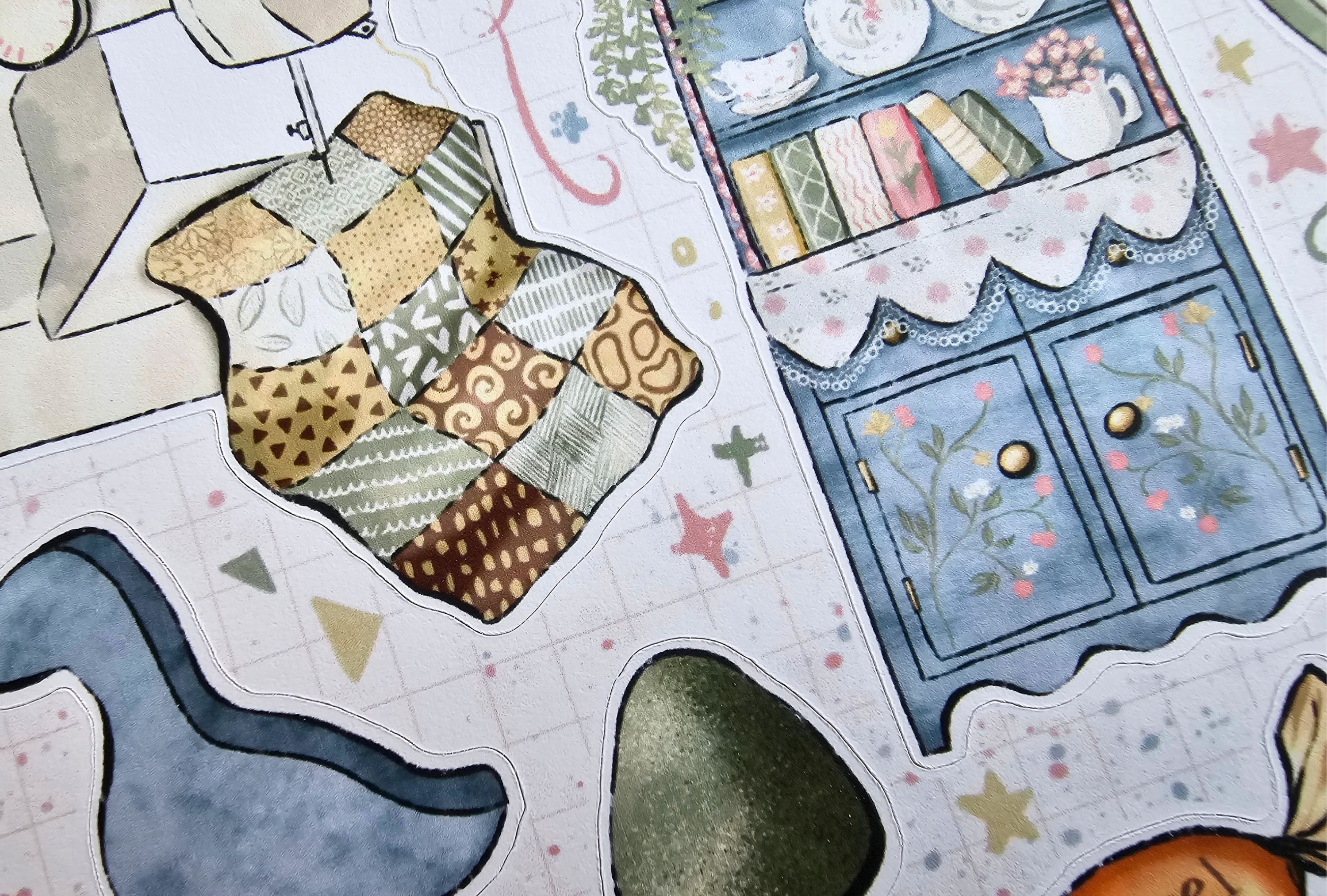 Colorful paper craft templates with patterns and shapes on a white background
