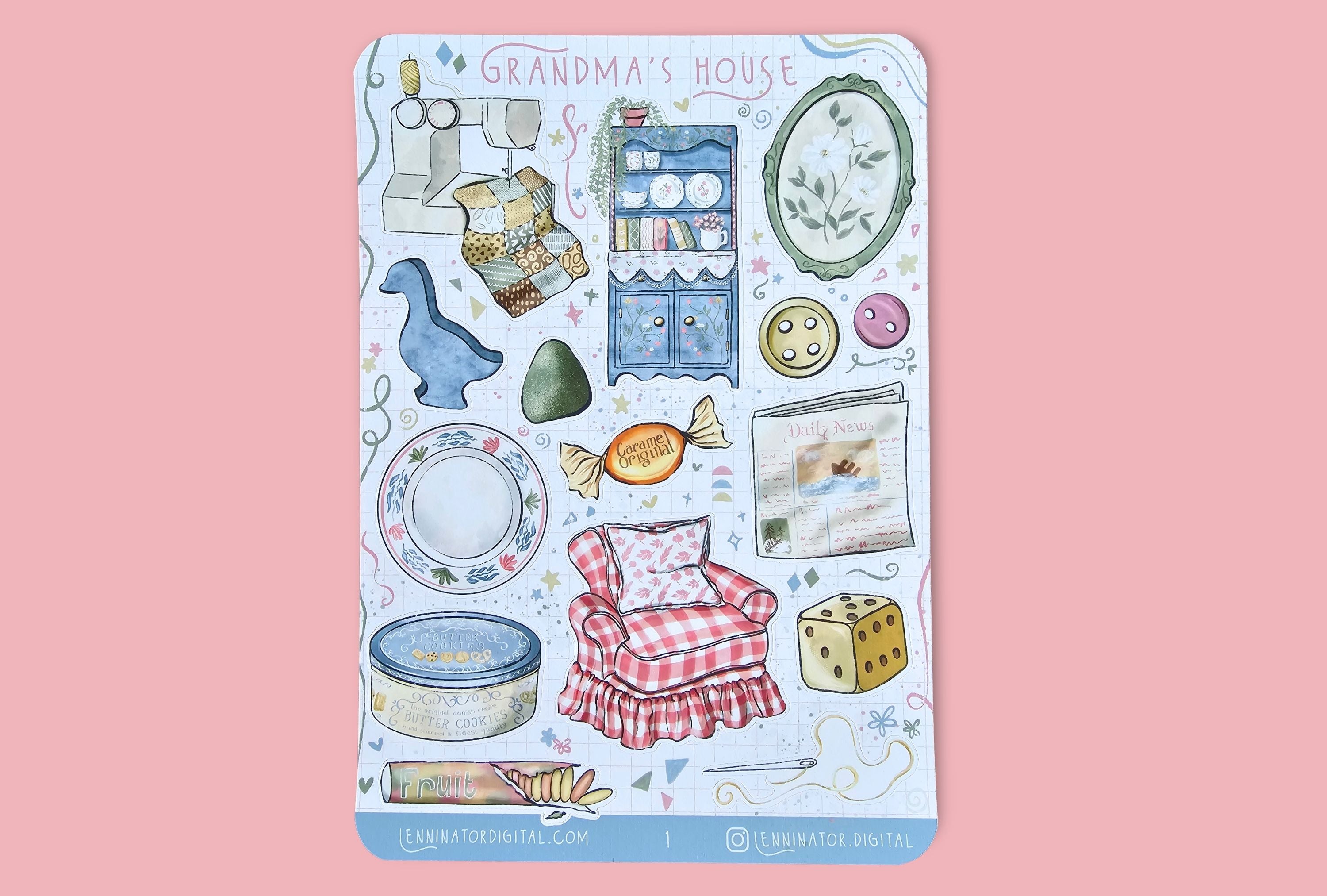 Sticker sheet with illustrations of nostalgic furniture and objects on a beige surface