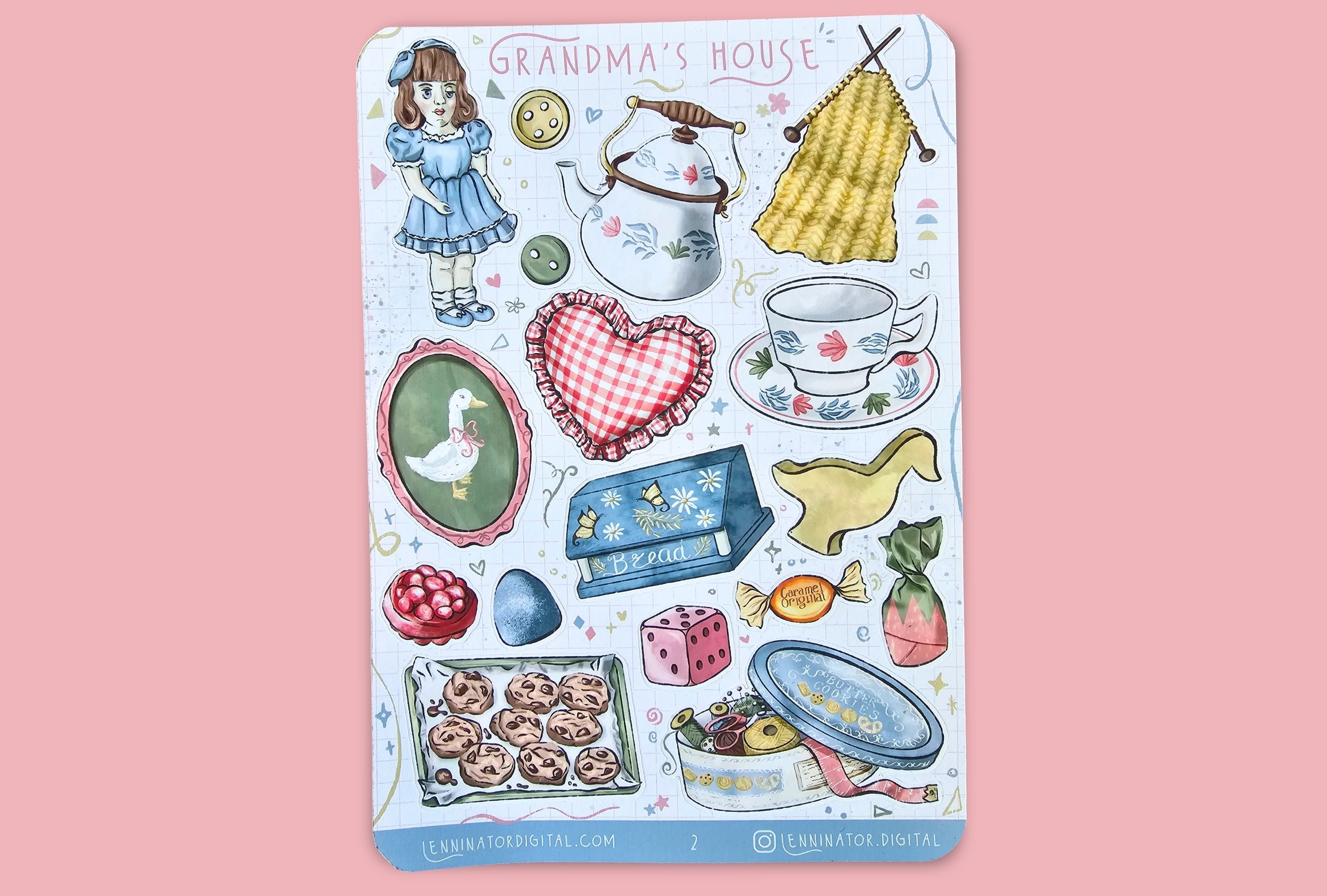 Sticker sheet titled 'Grandma's House' with illustrations on a beige surface.