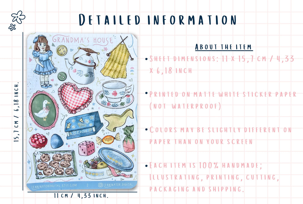 Sticker sheet with illustrations and text about dimensions and material, displayed on a white background.