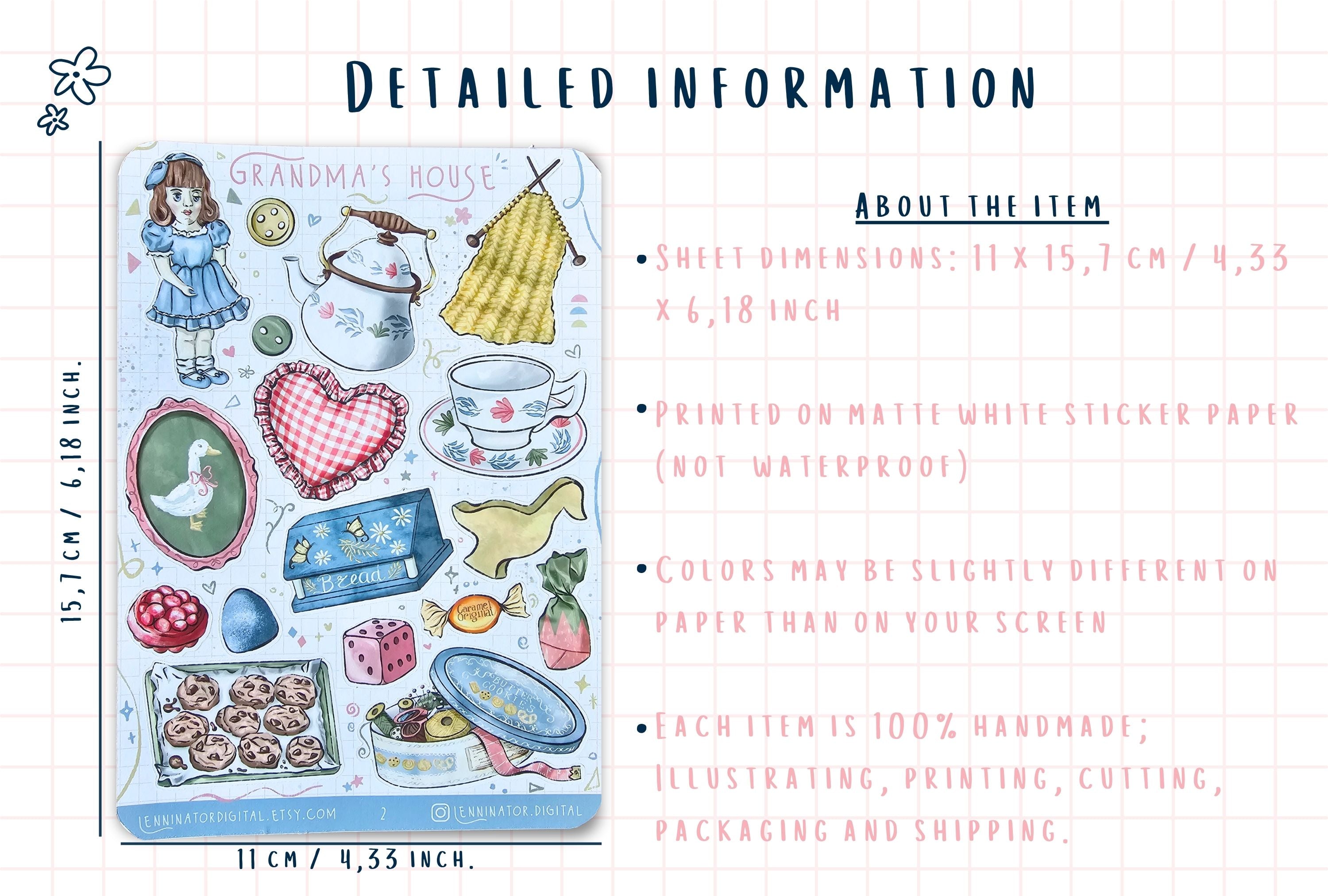 Sticker sheet with illustrations and text about dimensions and material, displayed on a white background.
