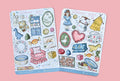 Two sticker sheets with illustrations of things you find in a grandma's house like sewing gear, porselain doll, boardgames, crockery, cookis, newspaper, chair, nostalgic candy and more.