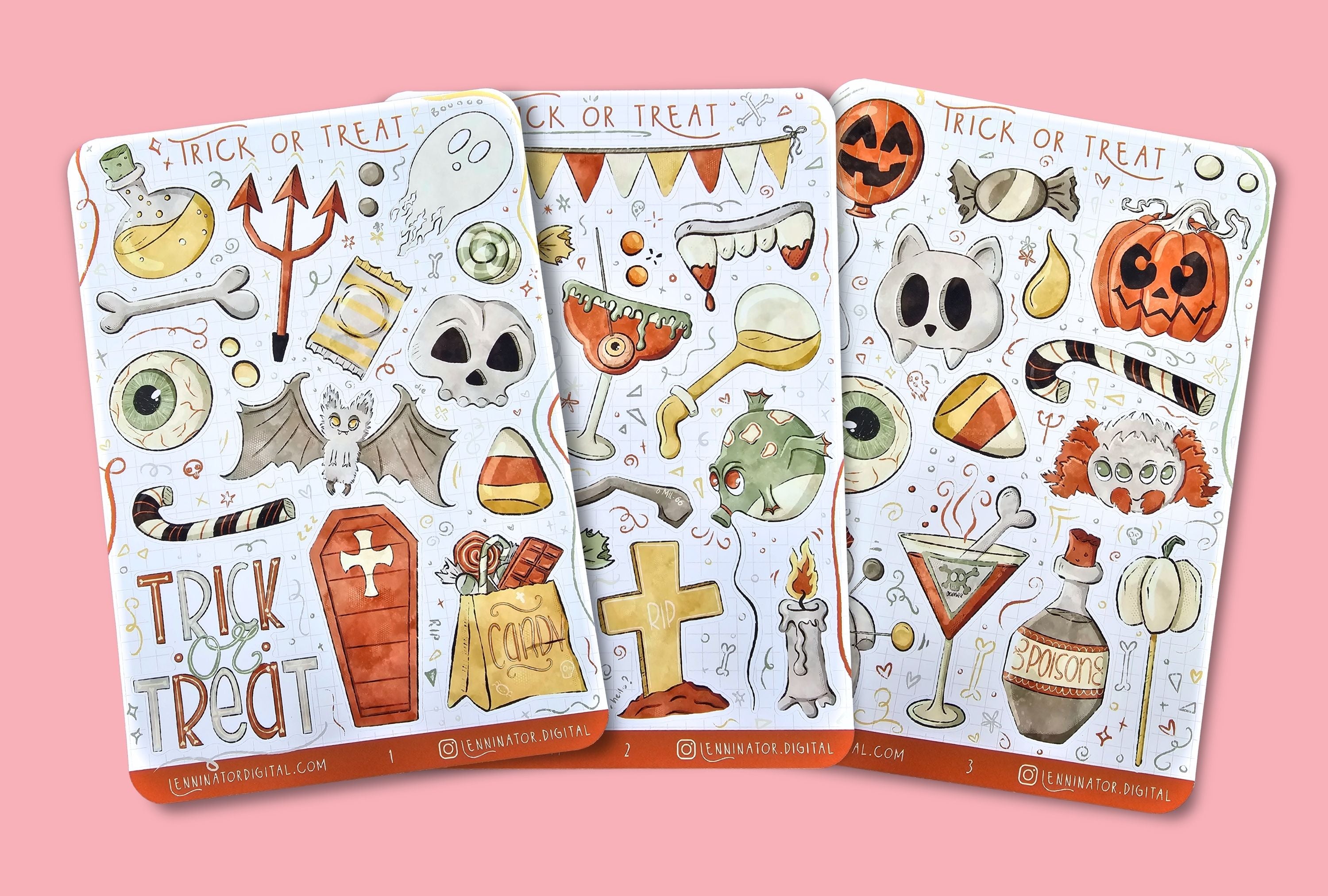 Three Trick or treat halloween party sticker sheets with various spooky illustrations including skulls, pumpkin, drinks, bat, candy and potions