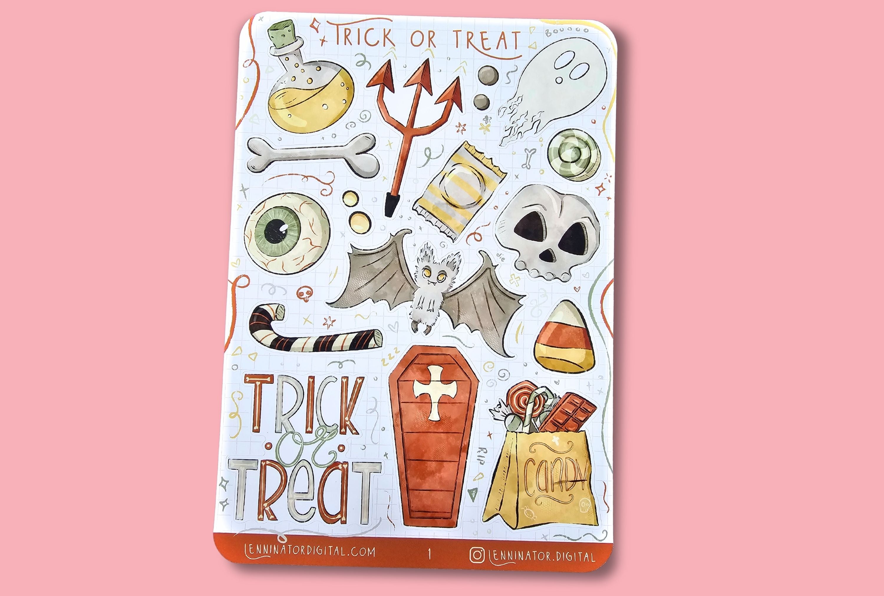 Halloween themed sticker sheet with a ghost, potion, candy corn, candy bag, trick or treat, coffin, eyeball and bat
