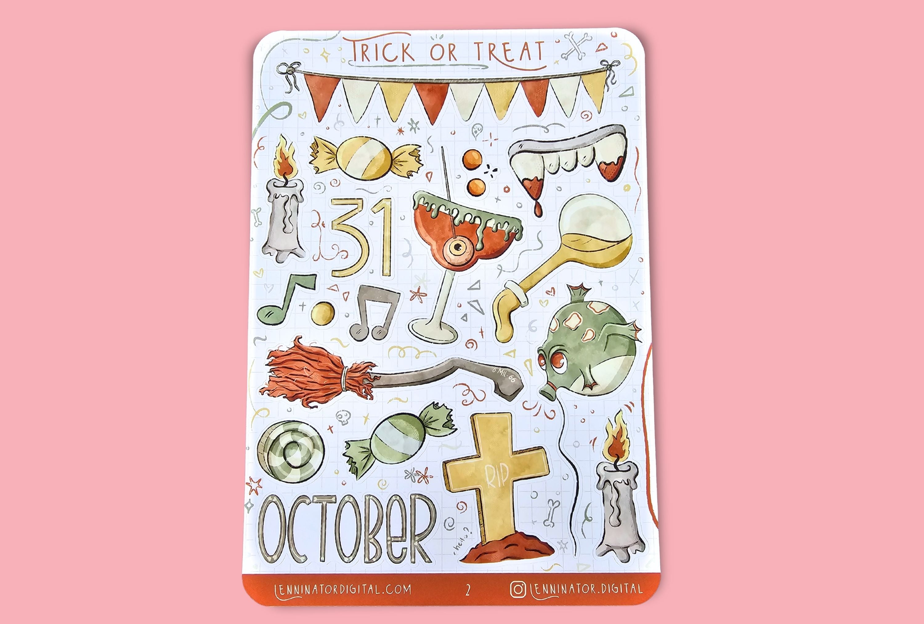 Halloween themed sticker sheet with candy, witch broom, balloon, grave, candles, potion, candy, scary drinks, vampire teeth