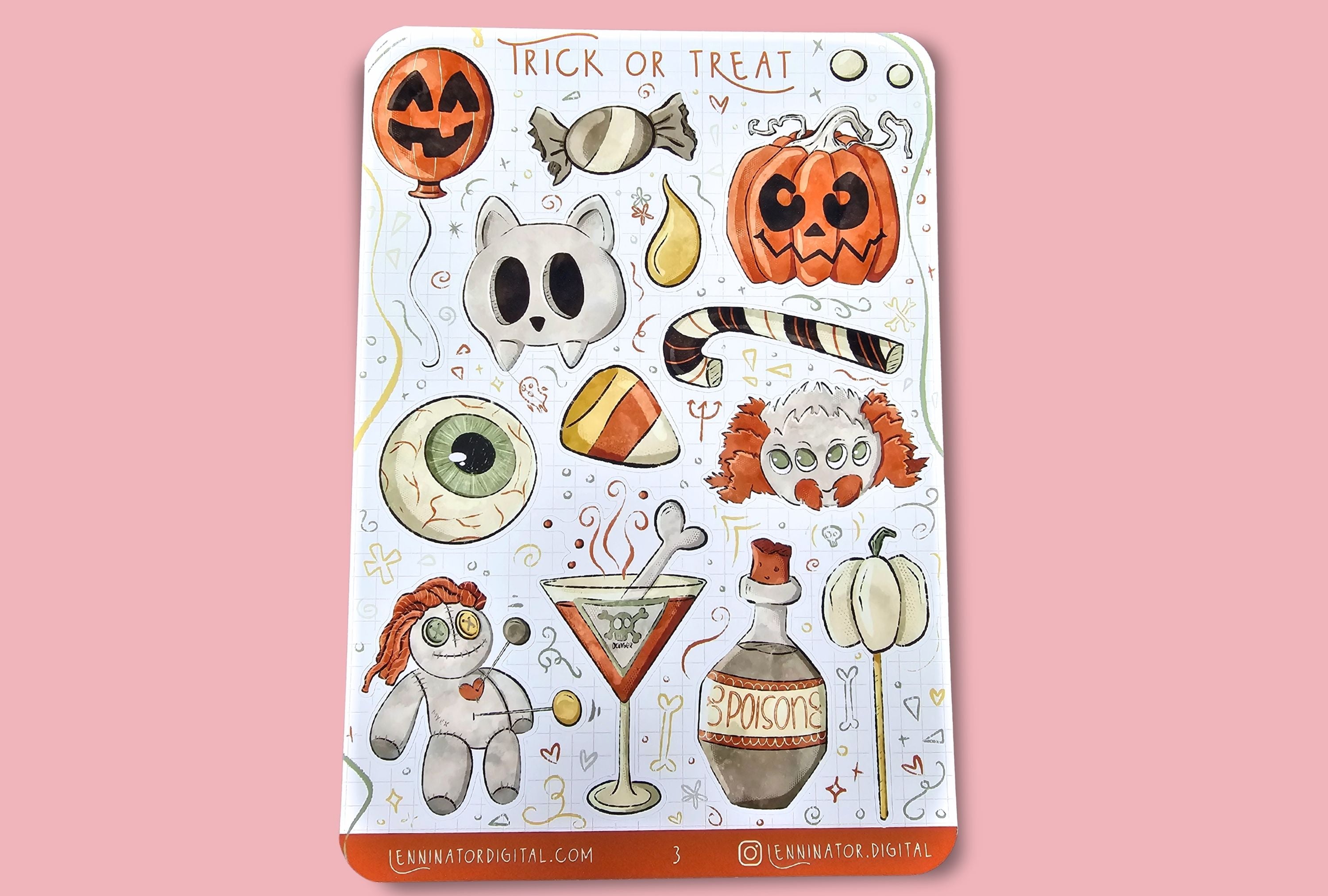 Halloween themed sticker sheet with a pumpkin, cat skull, eyeball, voodoo doll, scary cocktail, potion, spider and balloon