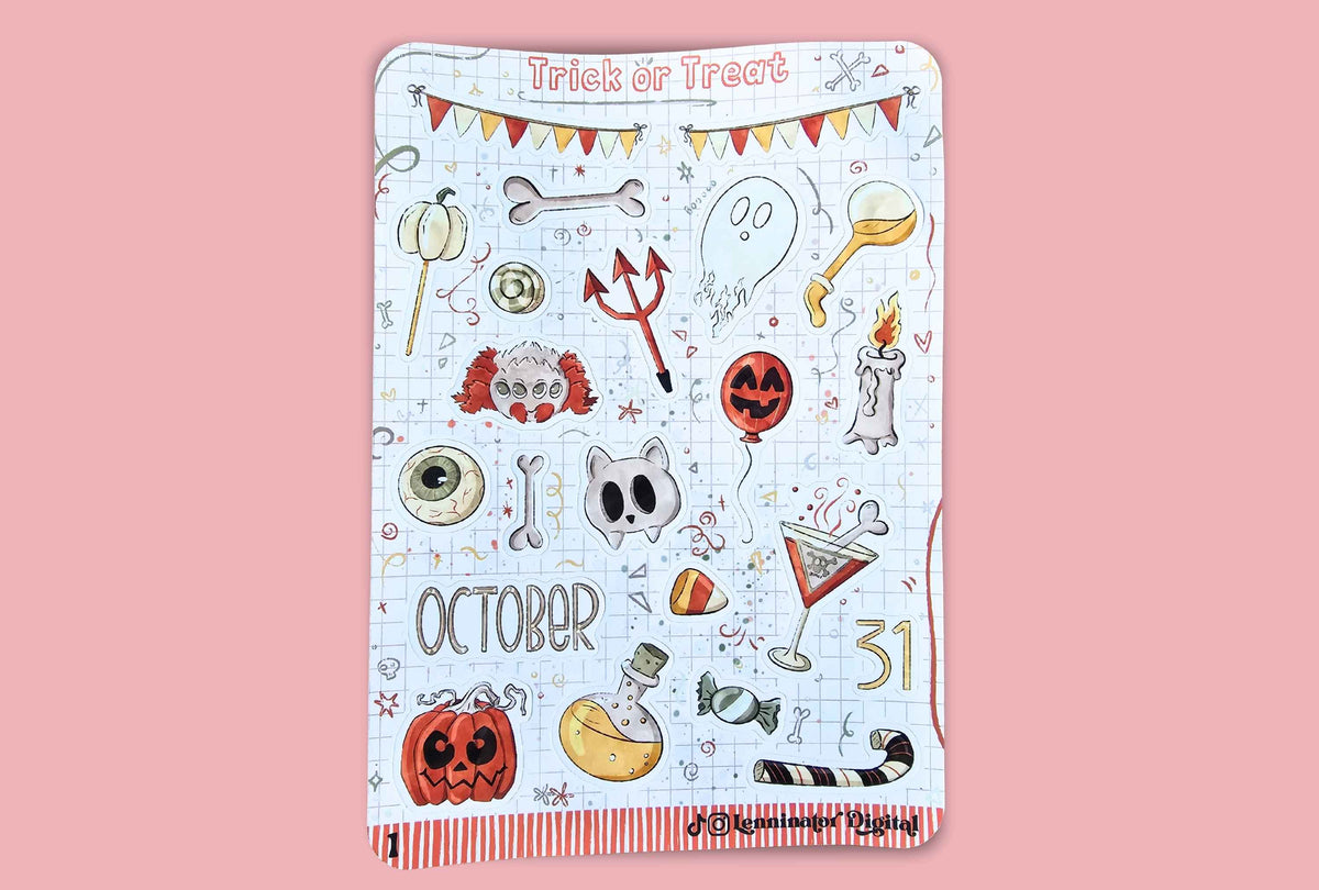 A Halloween-themed sticker sheet page titled 'Trick or Treat' with various spooky illustrations including pumpkins, ghosts, a cat, a teapot, candy, and the date 'October 31'.