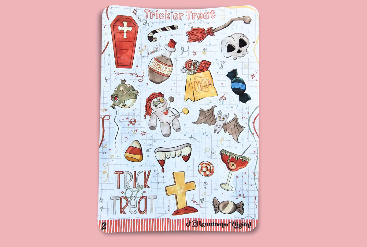 A rectangular sticker sheet featuring various Halloween-themed illustrations on a white grid background, including a red coffin, skull, bat, candy corn, jack-o'-lantern, vampire fangs, and the words 'Trick or Treat'.