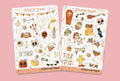 Two planner sticker sheets with Halloween-themed illustrations, displayed on a solid pink background. The sheets feature spooky designs like pumpkins, skulls, ghosts, candy corn, and a cute teddy bear wearing a witch hat.