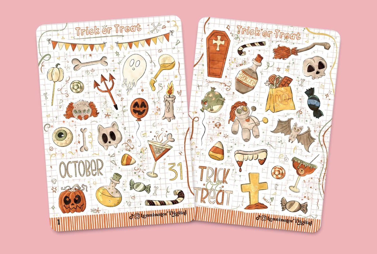 Two planner sticker sheets with Halloween-themed illustrations, displayed on a solid pink background. The sheets feature spooky designs like pumpkins, skulls, ghosts, candy corn, and a cute teddy bear wearing a witch hat.