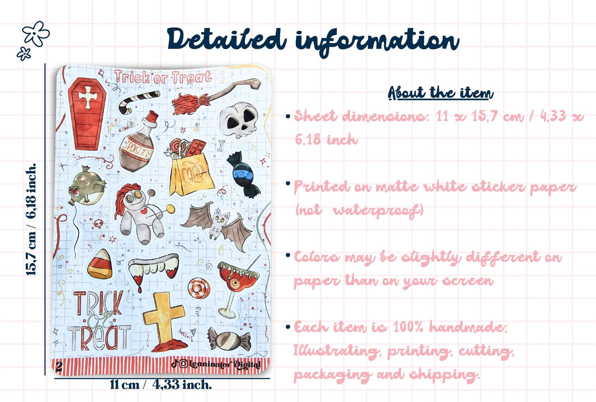 A product information card showing a Halloween-themed sticker sheet with cute illustrations like a coffin, potion bottle, skull, candy, and a witch. The left side includes dimension labels of 11 x 15.