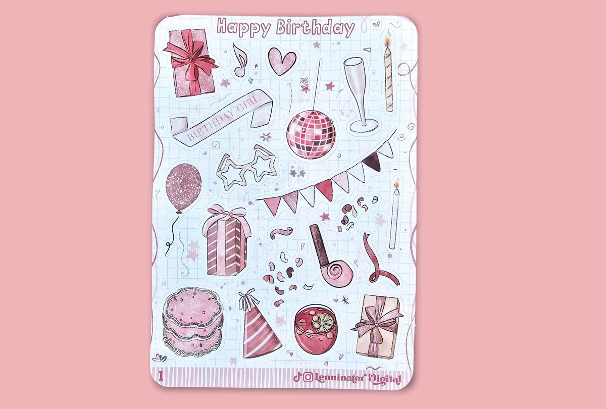 A rectangular sticker sheet featuring pink and red birthday-themed illustrations on a white grid background, with 'Happy Birthday' written at the top, shown against a solid pink background.