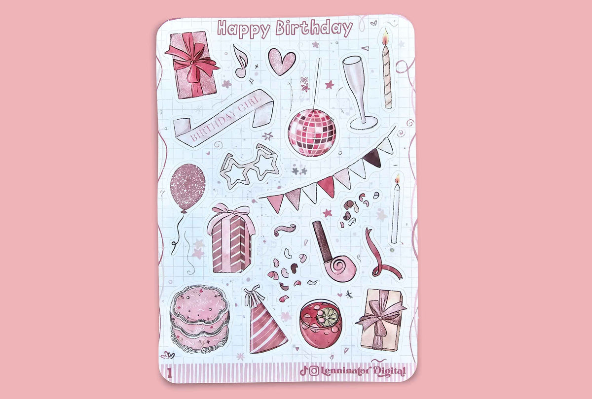 A rectangular sticker sheet featuring pink and red birthday-themed illustrations, including a cake, gifts, balloons, a disco ball, a party hat, and the text 'Happy Birthday', shown against a solid pink background.
