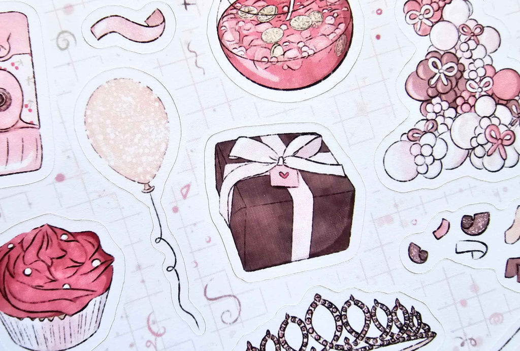 A sheet of watercolor-style stickers featuring pink and brown illustrations, including a cupcake, gift box, balloon, tiara, flowers, and dessert slices on a white grid background.