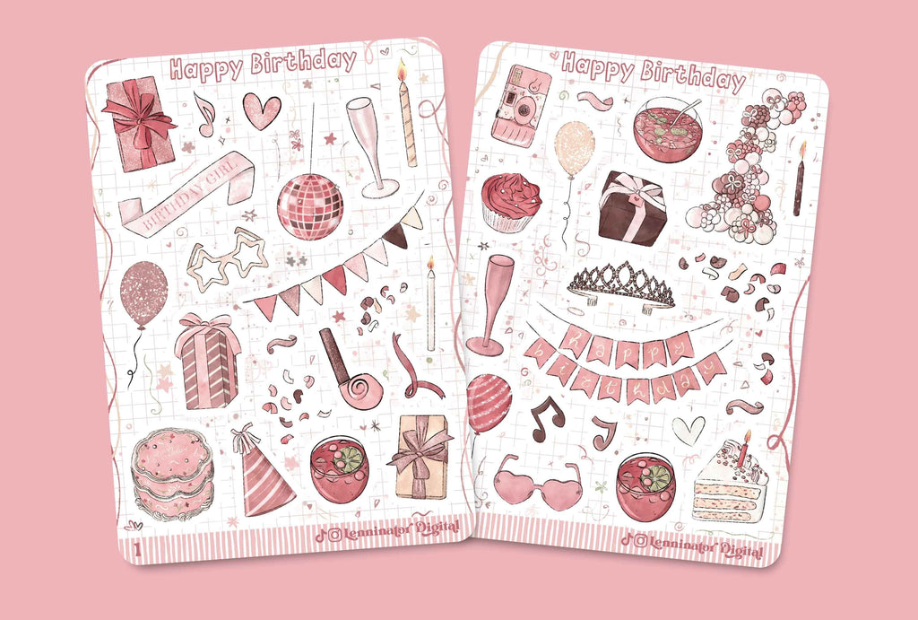 Two decorative planner stickers with pink and red birthday-themed illustrations, including party hats, balloons, cupcakes, gifts, and banners, displayed on a solid pink background.