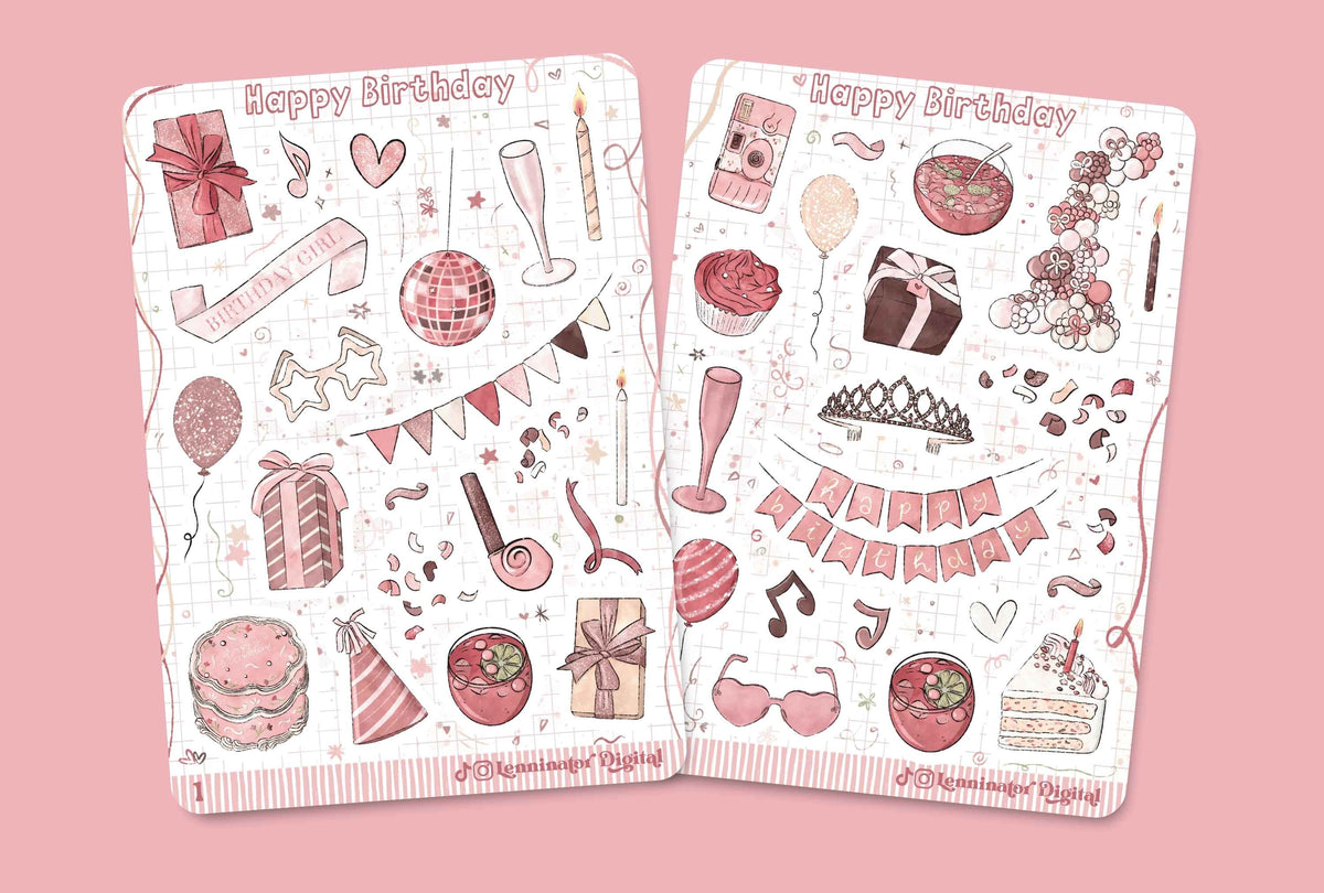 Two decorative planner stickers with pink and red birthday-themed illustrations, including party hats, balloons, cupcakes, gifts, and banners, displayed on a solid pink background.