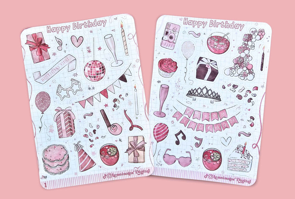Two sheets of pink and white 'Happy Birthday' planner stickers featuring various illustrations like cupcakes, balloons, gifts, and party decorations, displayed on a solid pink background.