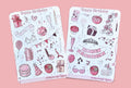Two sheets of pink and white 'Happy Birthday' planner stickers featuring various illustrations like cupcakes, balloons, gifts, and party decorations, displayed on a solid pink background.