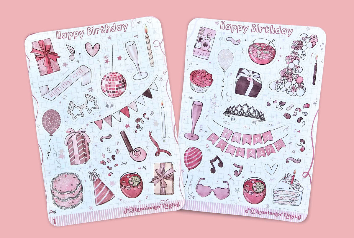 Two sheets of pink and white 'Happy Birthday' planner stickers featuring various illustrations like cupcakes, balloons, gifts, and party decorations, displayed on a solid pink background.