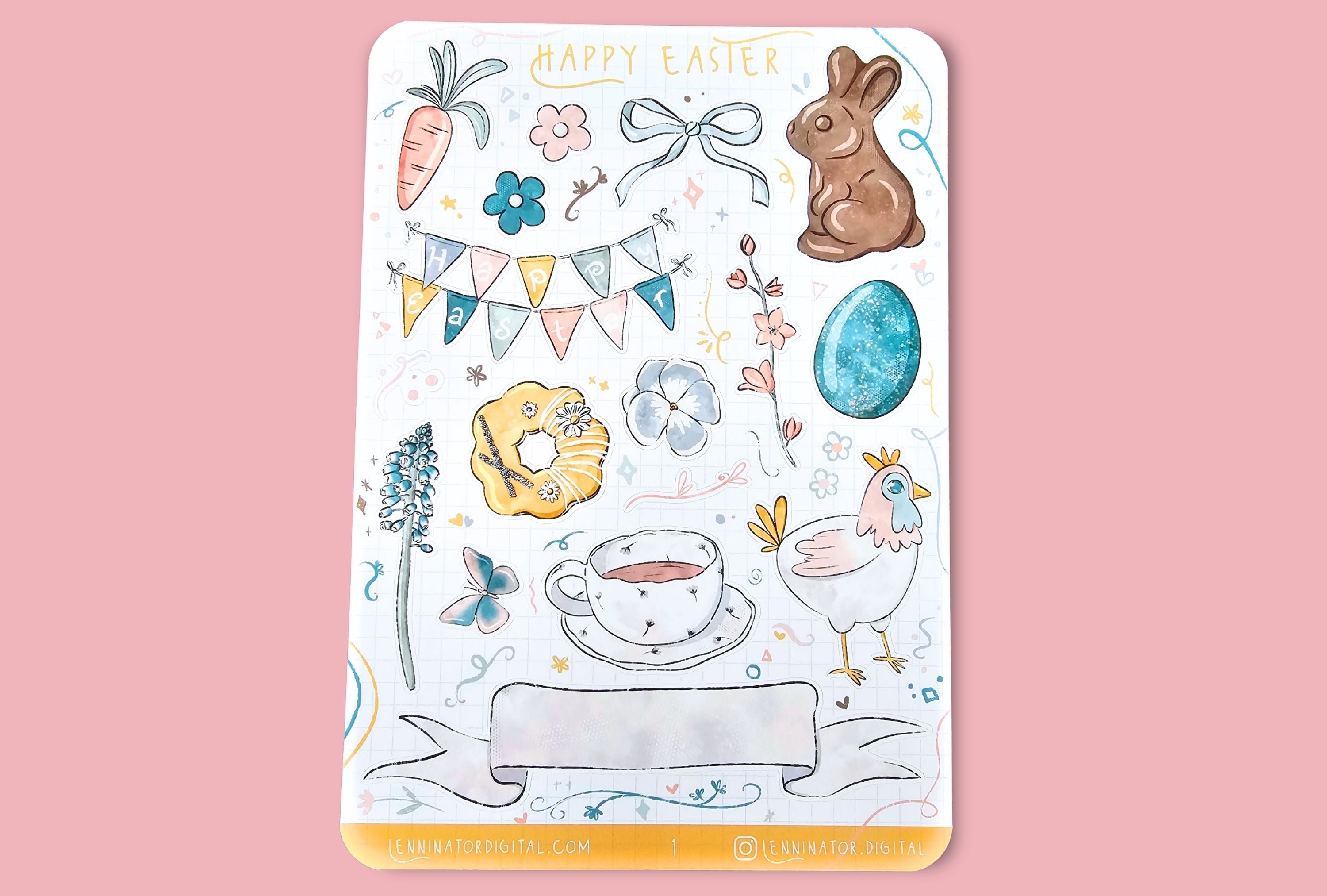 Sticker sheet with Easter-themed designs on a light blue background with decorative eggs and flowers.