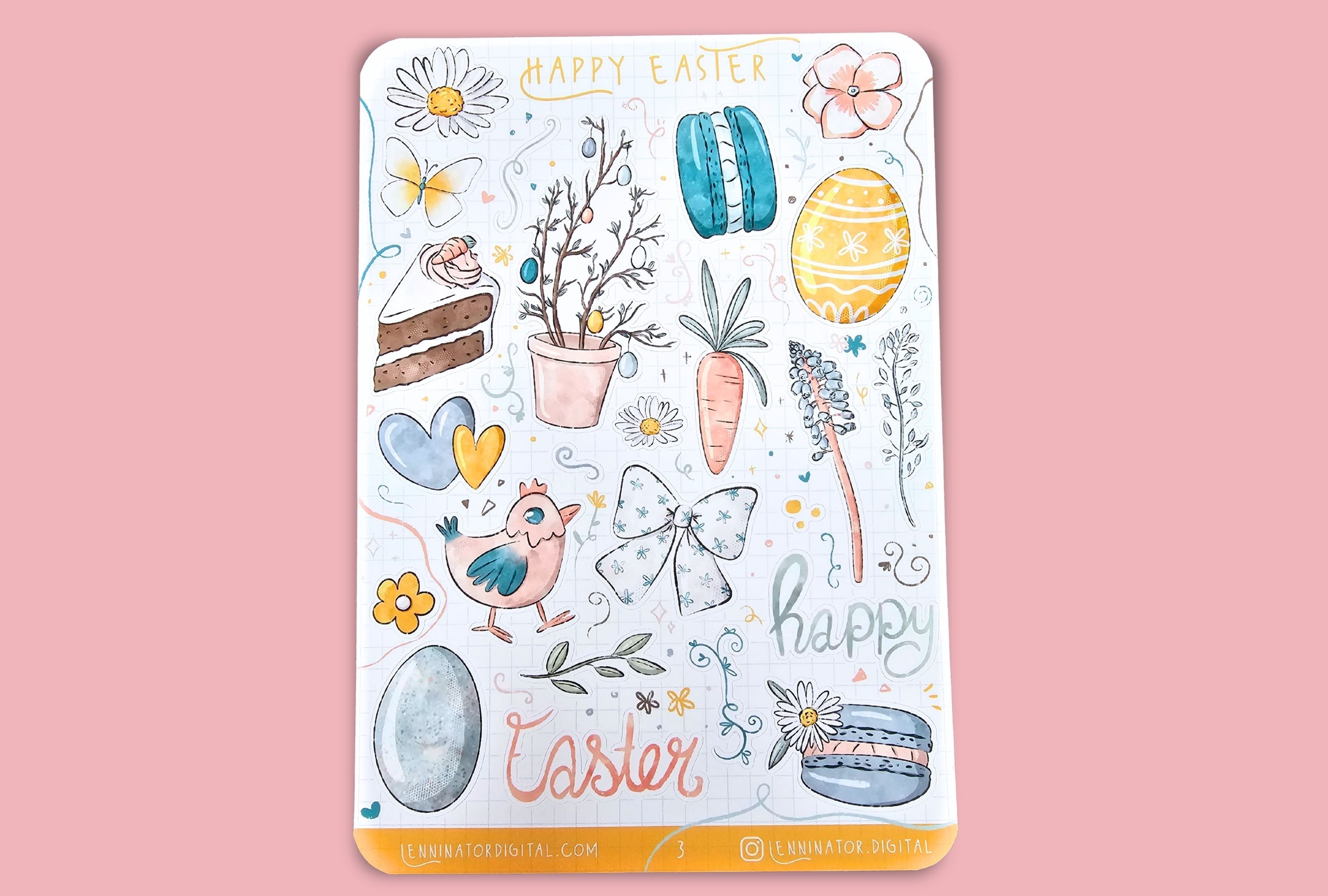 Easter themed sticker sheet with cute illustrations in pastel colors