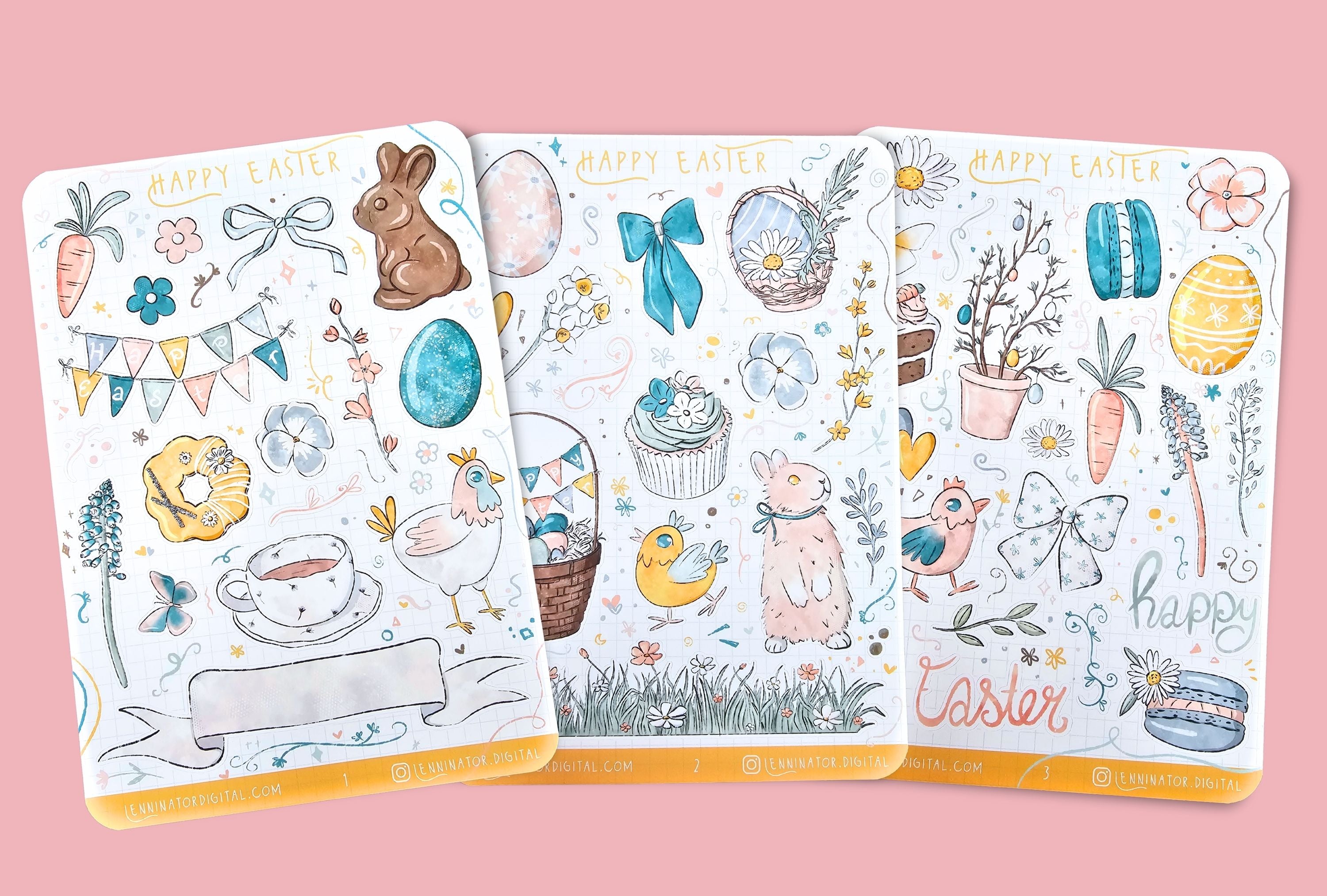Three sheets of Easter-themed stickers on a textured surface