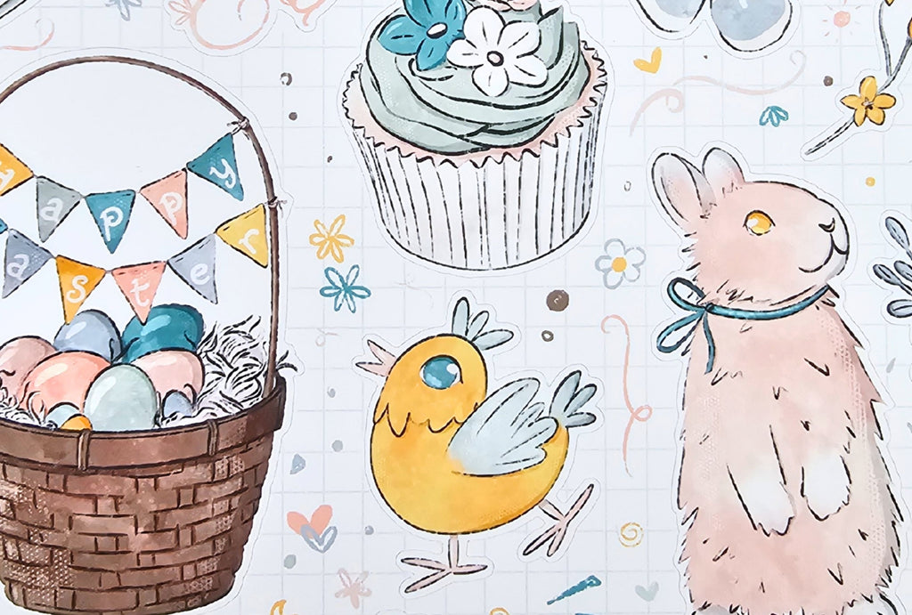 Children's illustration with Easter elements including a basket, eggs, cupcake, bird, and rabbit.