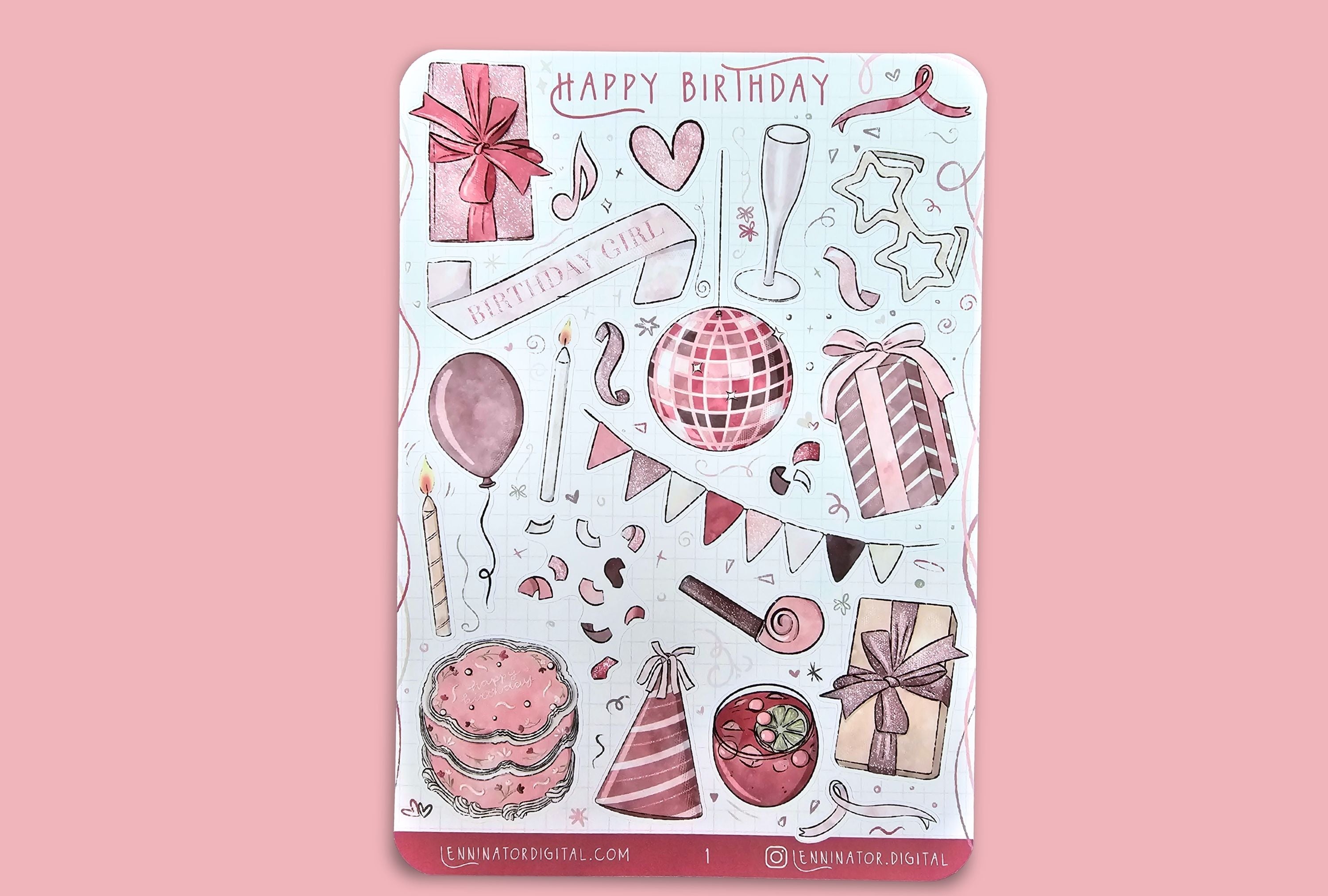 Sticker sheet with birthday-themed illustrations on a pink background