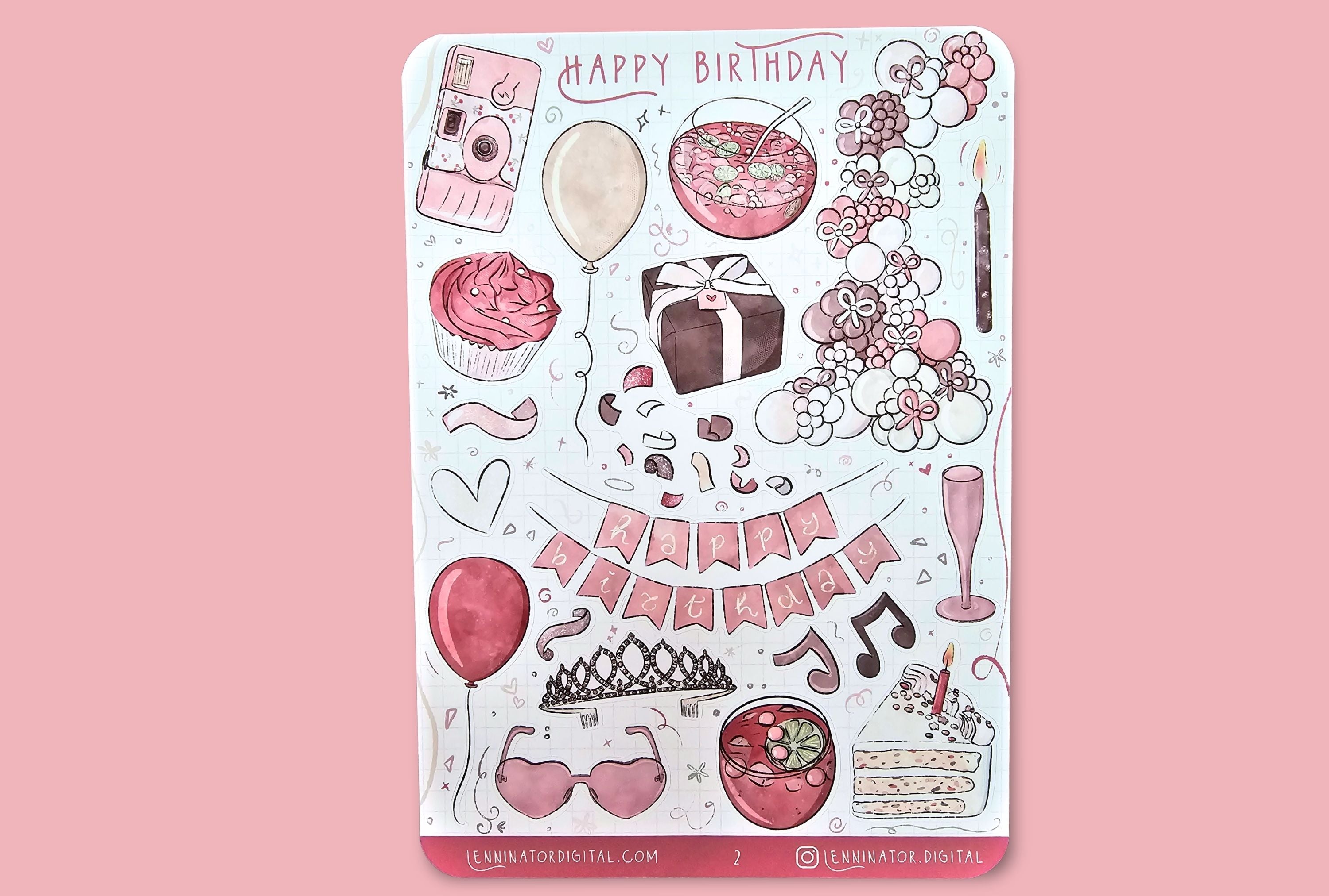Sheet of birthday-themed stickers with illustrations on a pink background