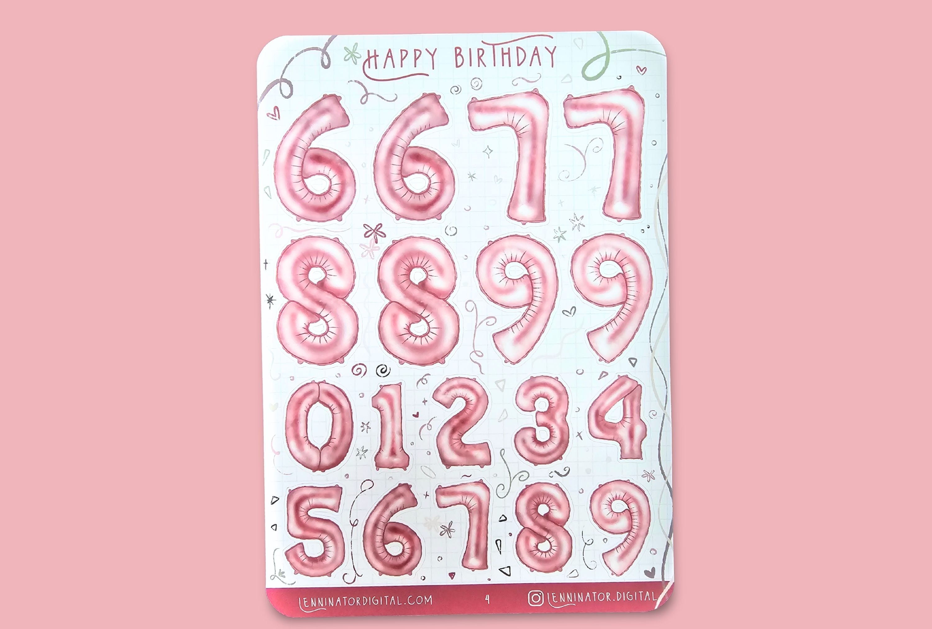 Sheet of pink balloon number stickers on a pink background with 'Happy Birthday' text.