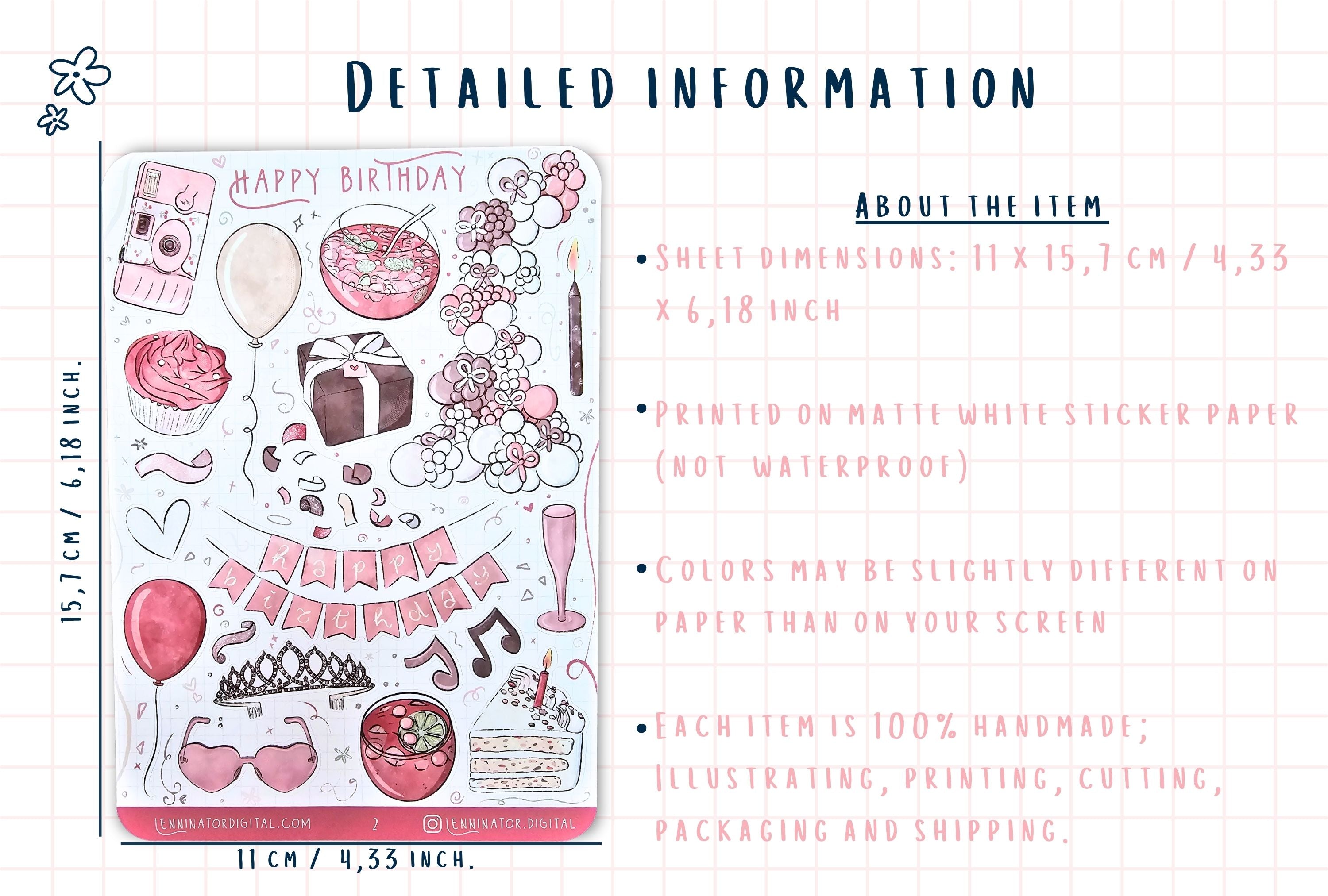 Sheet of birthday-themed stickers with dimensions and material details on a white background