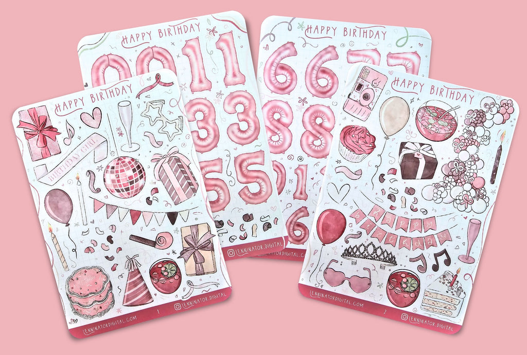 Set of pink birthday-themed sticker sheets on a pink background