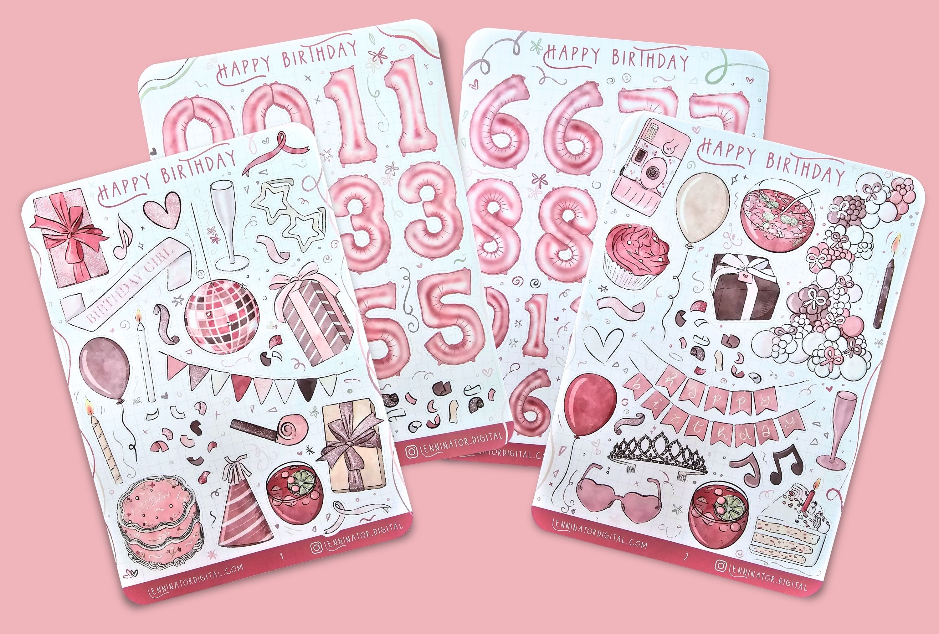 Set of pink birthday-themed sticker sheets on a pink background