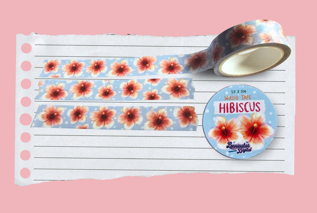 Floral washi tape with hibiscus design on a pink background