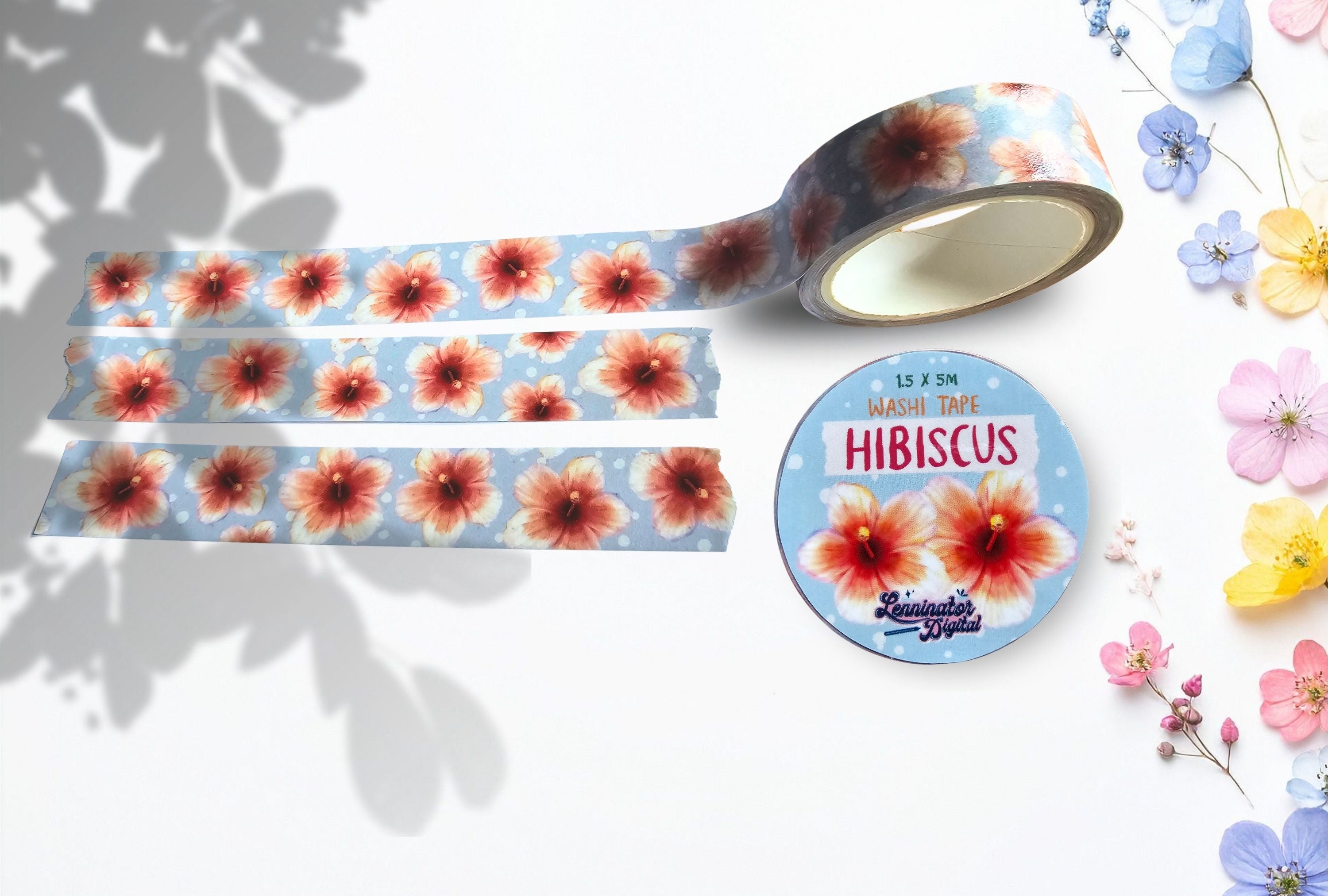 Floral tape with hibiscus design on a white background