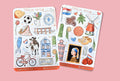 Sticker sheets featuring typical dutch illustrations like cheese, cow, canal boats, bike, haring, bitterballen, mindmill, stroopwafel, hagelslag, clogs, tulips and more in blue, red, white, yellow and orange color palette.