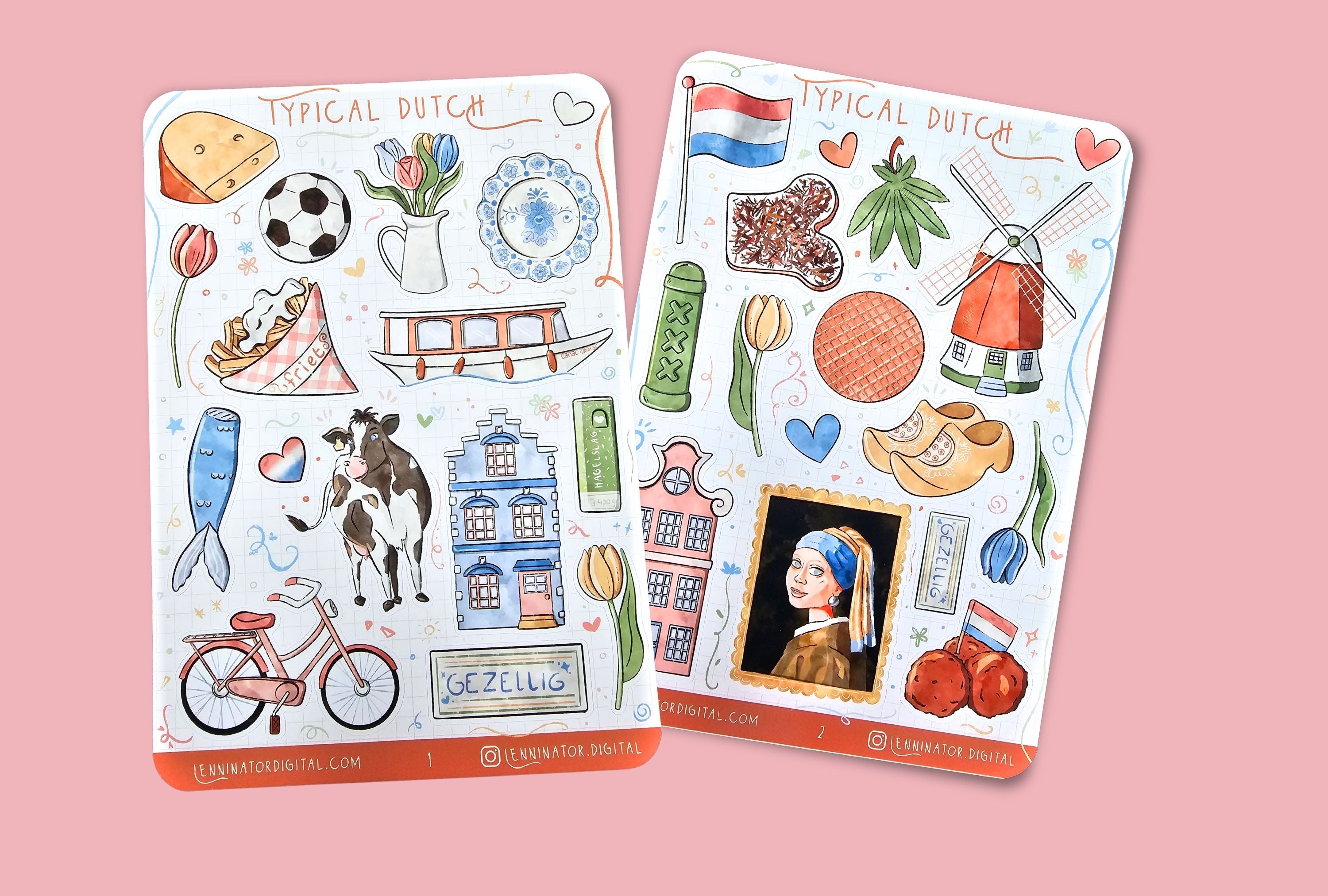 Sticker sheets featuring typical dutch illustrations like cheese, cow, canal boats, bike, haring, bitterballen, mindmill, stroopwafel, hagelslag, clogs, tulips and more in blue, red, white, yellow and orange color palette.