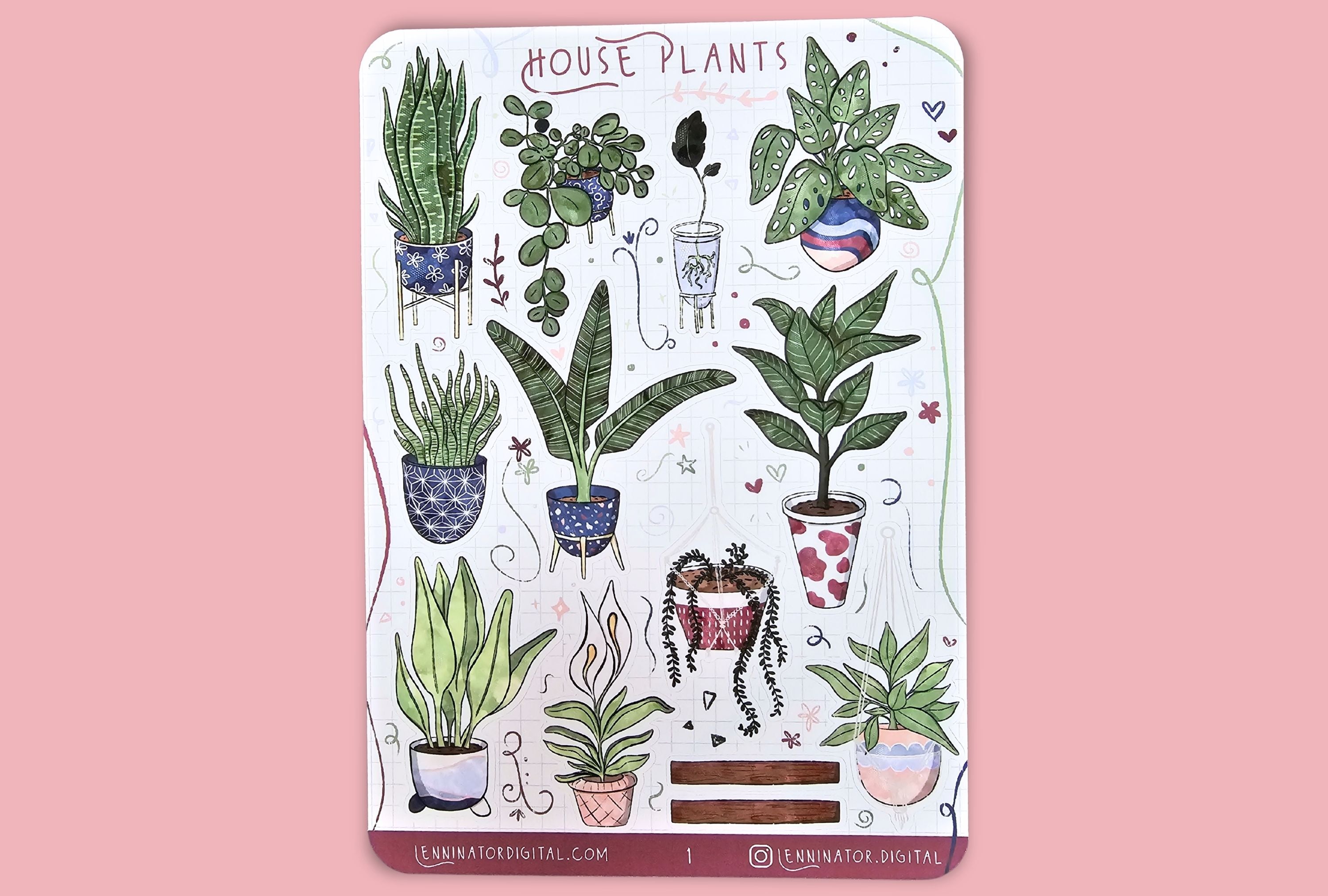 Sheet of house plant stickers with a marble background
