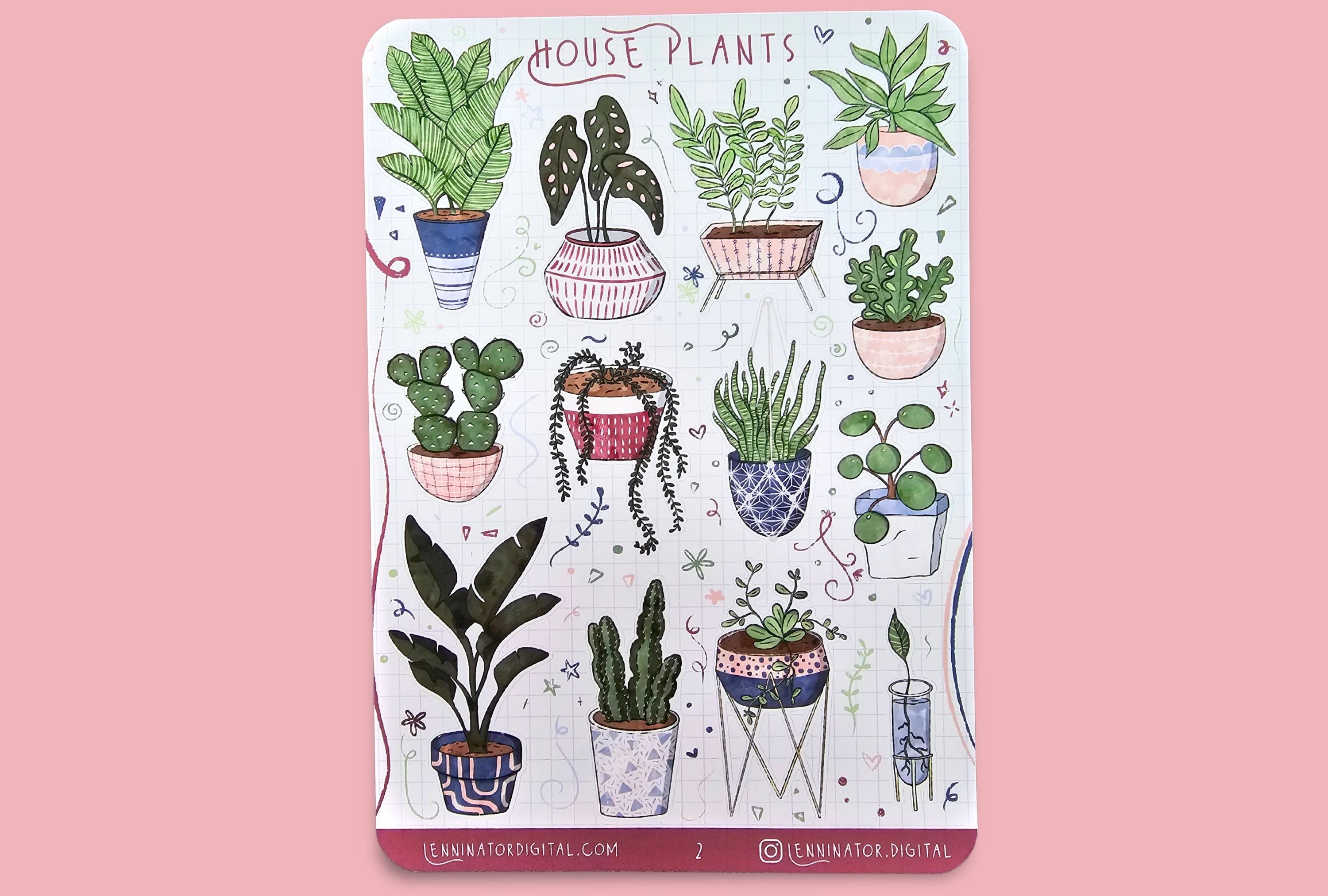 Sheet of house plant stickers with a succulent on a white background