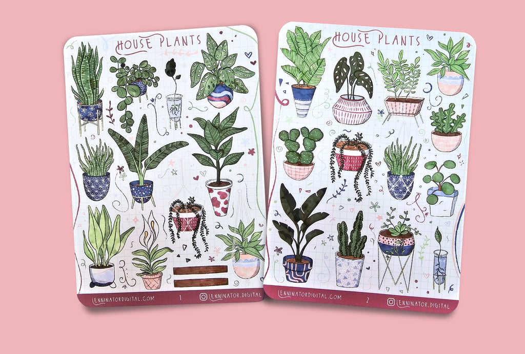 Two sticker sheets with illustrations of house plants on a textured surface.
