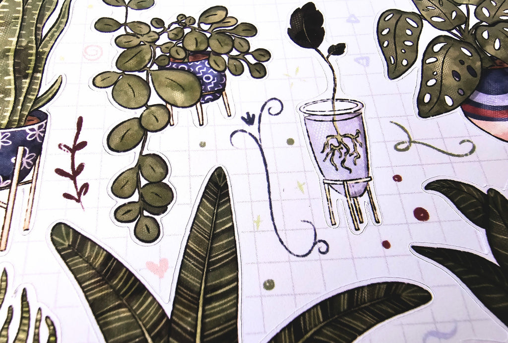Illustrations of plants cut into stickers on a white background