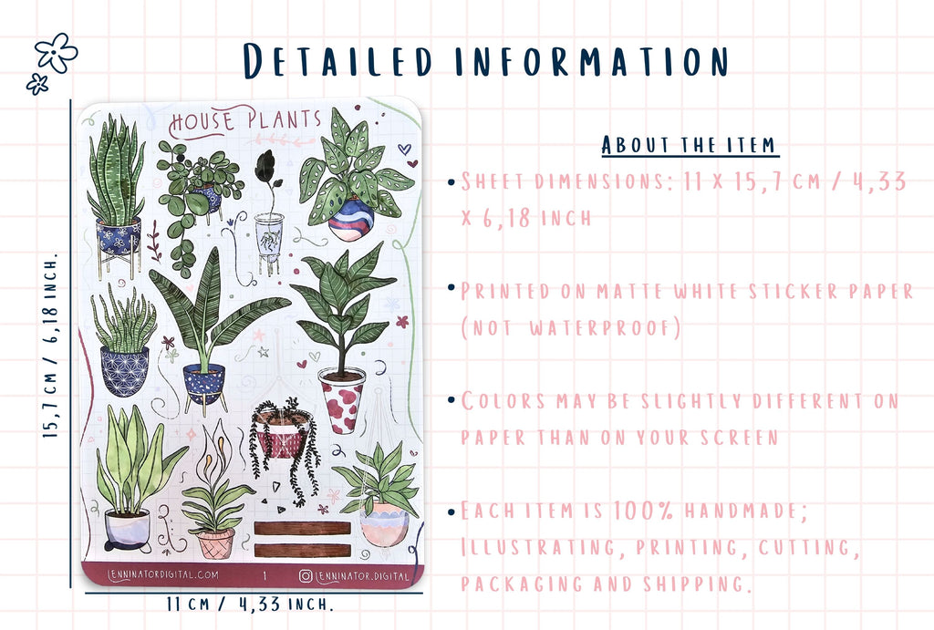 Sheet of house plants stickers with dimensions and material details.