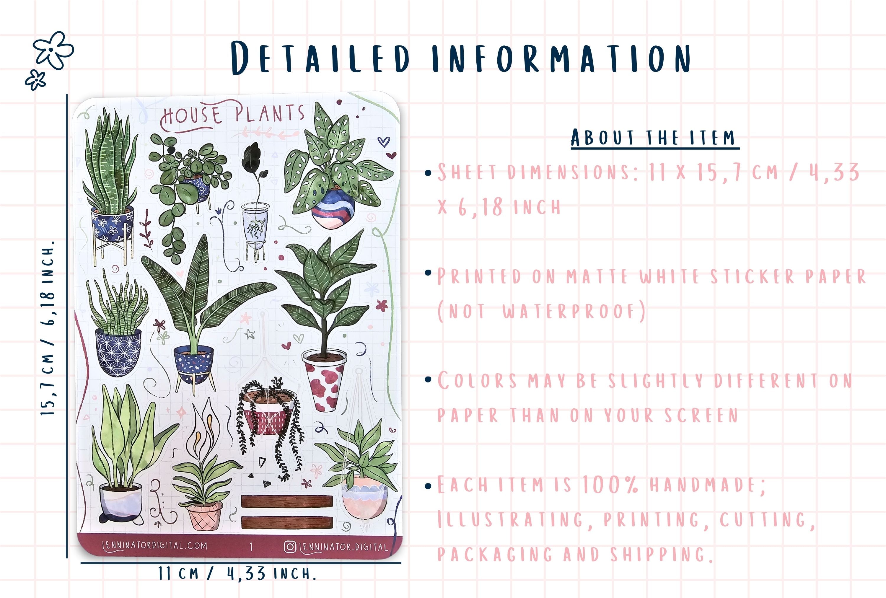 Sheet of house plants stickers with dimensions and material details.