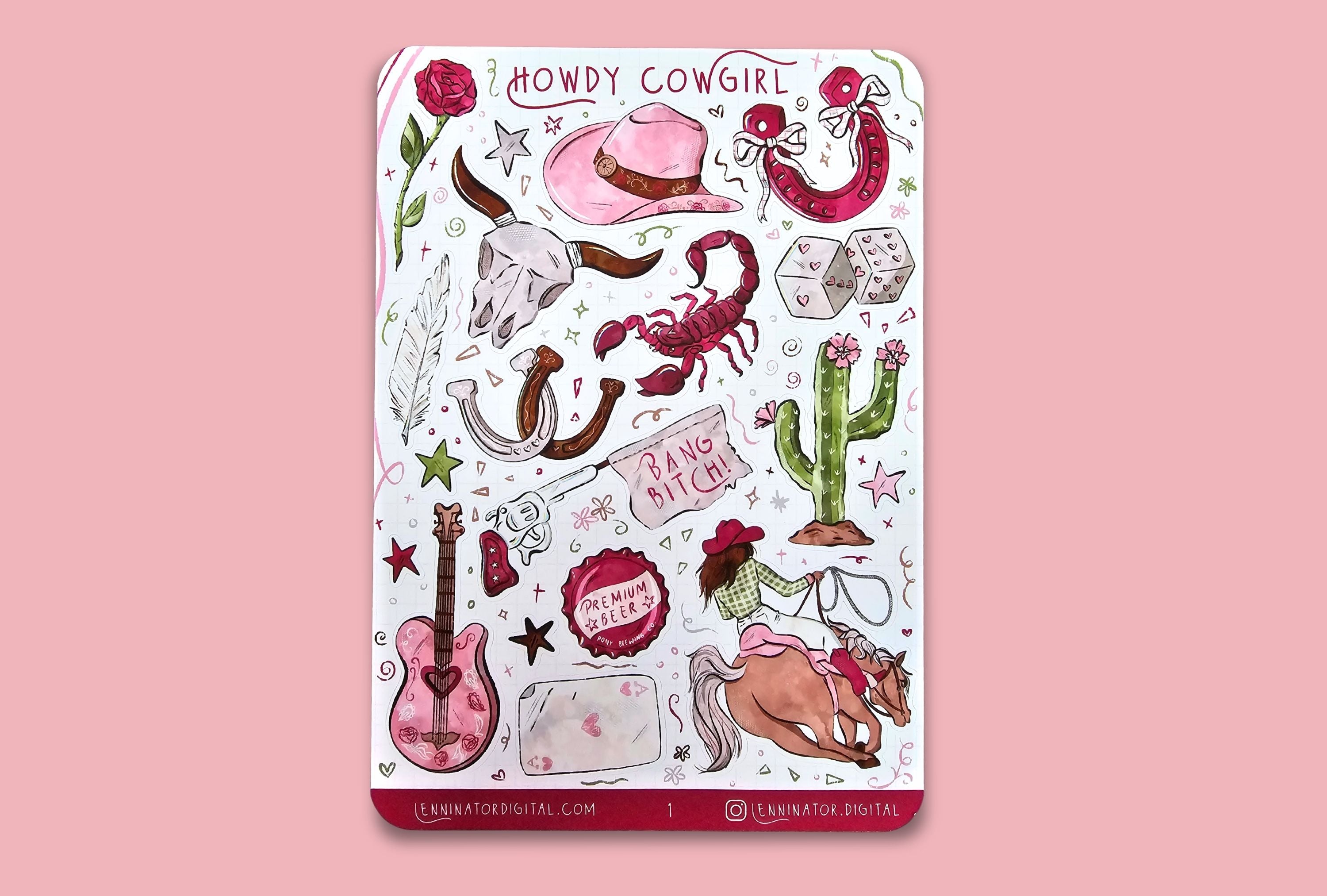 A Western cowgirl themed sticker sheet with roses, feather, stars, cowboy hat, horse shoe, cow skull, scorpion, dice, cactus, gun, beer cap, guitar, cowgirl on a horse and a playing card in pink and green colors