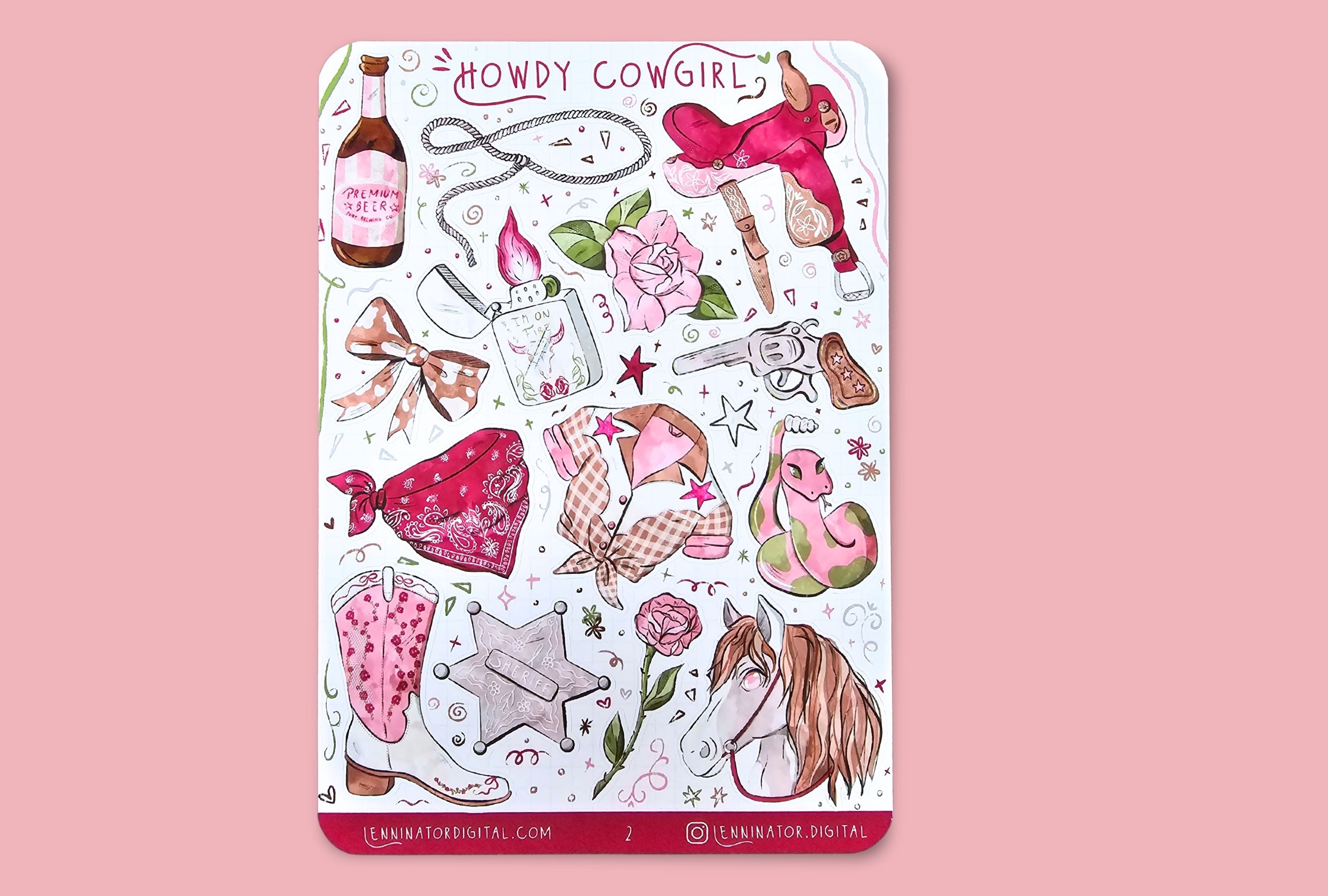 A sticker sheet with western cowgirl themed illustrations of a saddle, beer, lasso, rose, lighter, ribbon, cowboy boots, snake, horse, sheriff badge in pink colors
