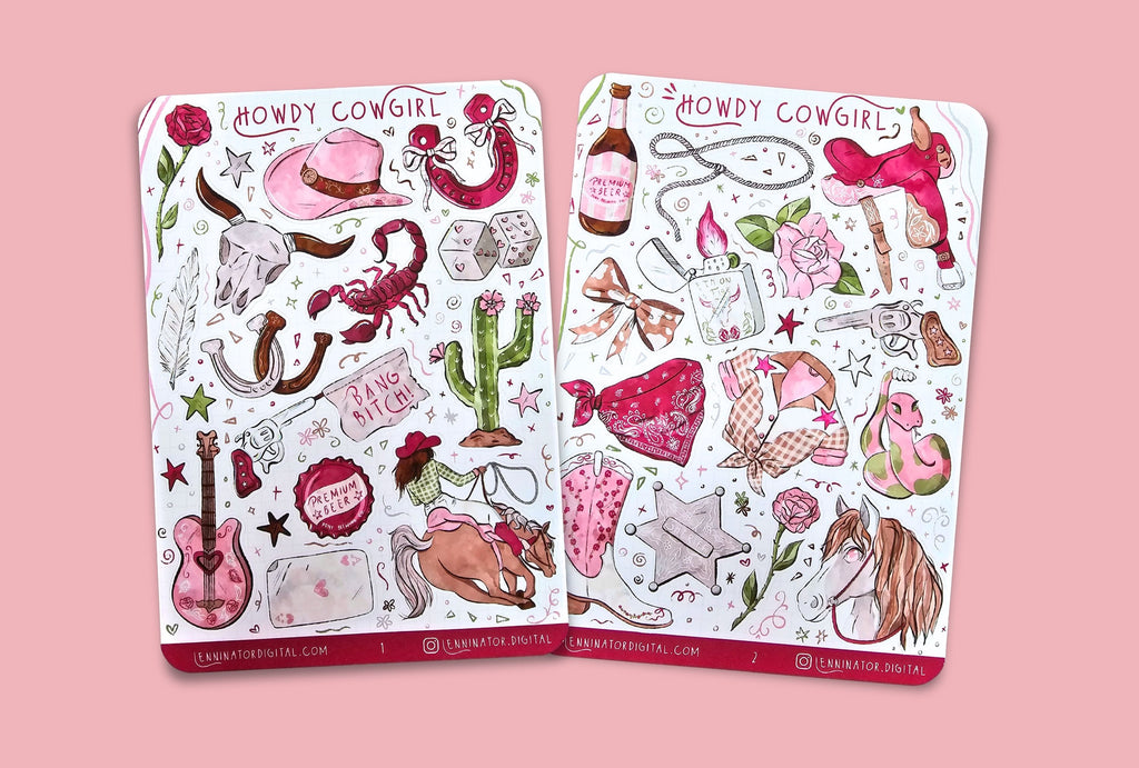 Set of two Cowgirl sticker sheets with western themed sticker illustrations like saddle, guns, horses, cactus, boots, country guitar, cow skull, dice, playing card, snake, scorpion, lasso and roses. In pink, beige and green colors