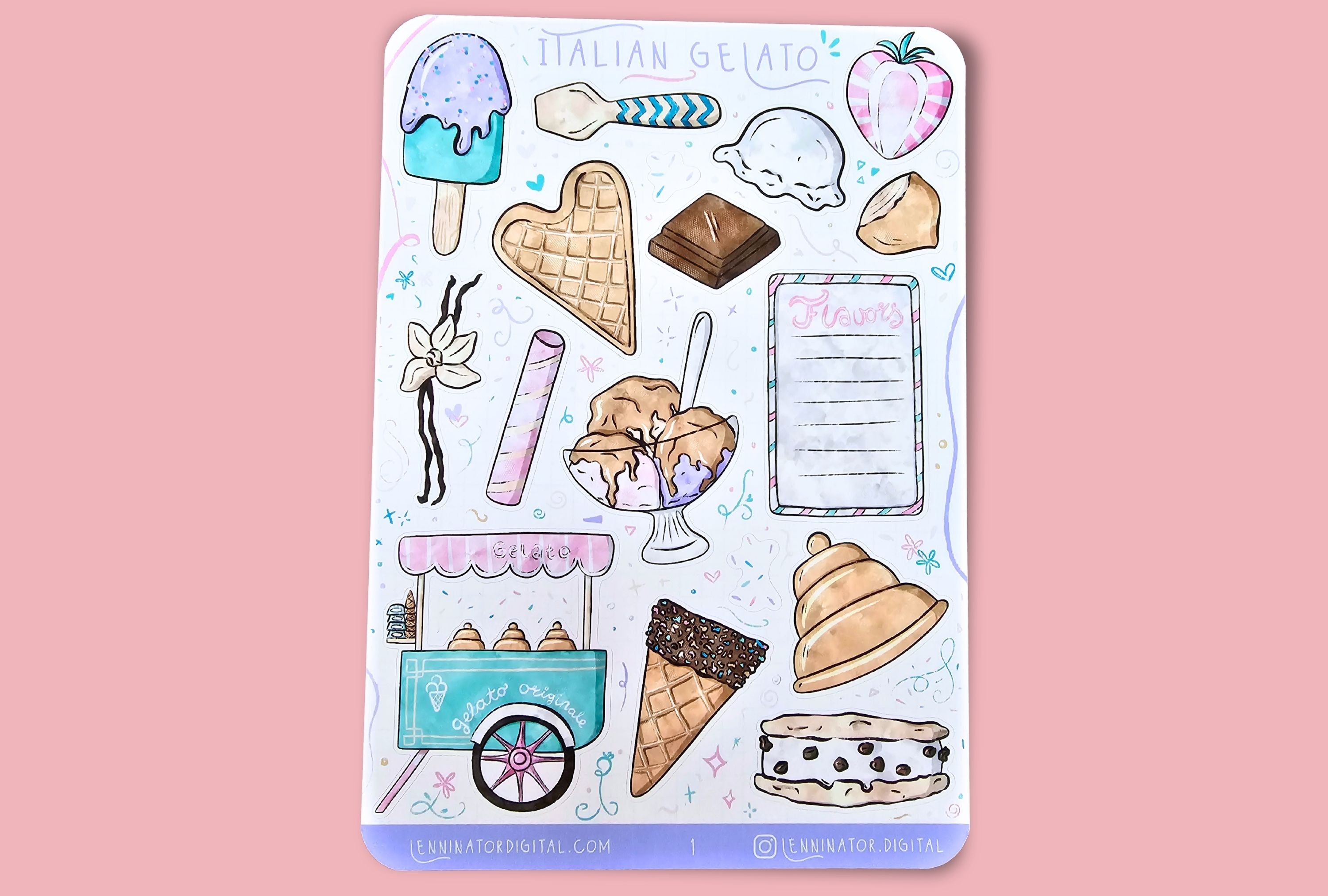 Sticker sheet with ice cream cone and related illustrations on a pink background