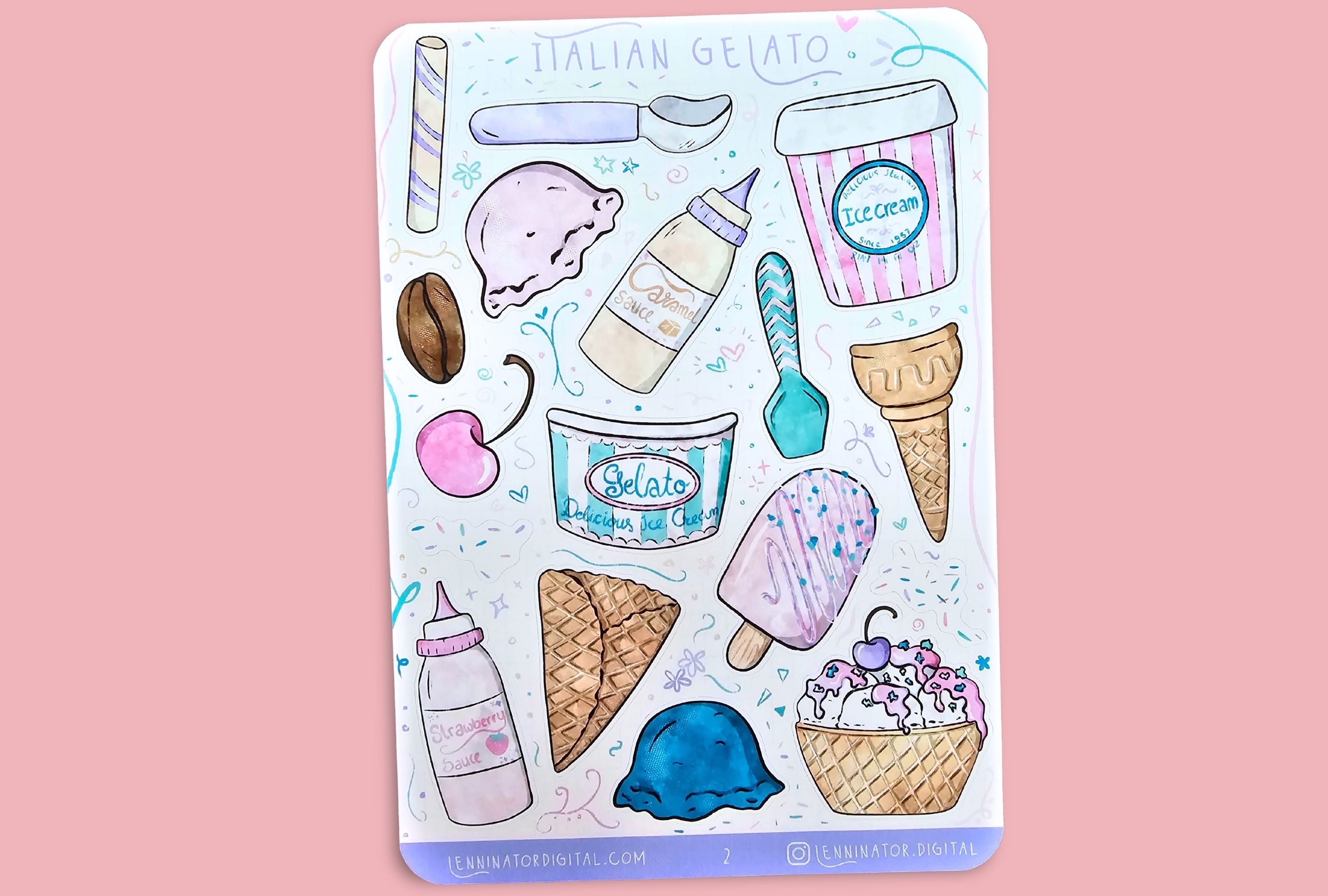 Sheet of Italian gelato-themed stickers with ice cream cones and related items on a pink background.